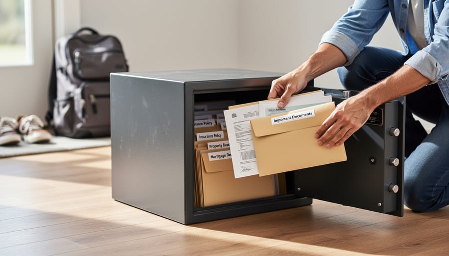 Fireproof safe containing important property documents and digital backup drives