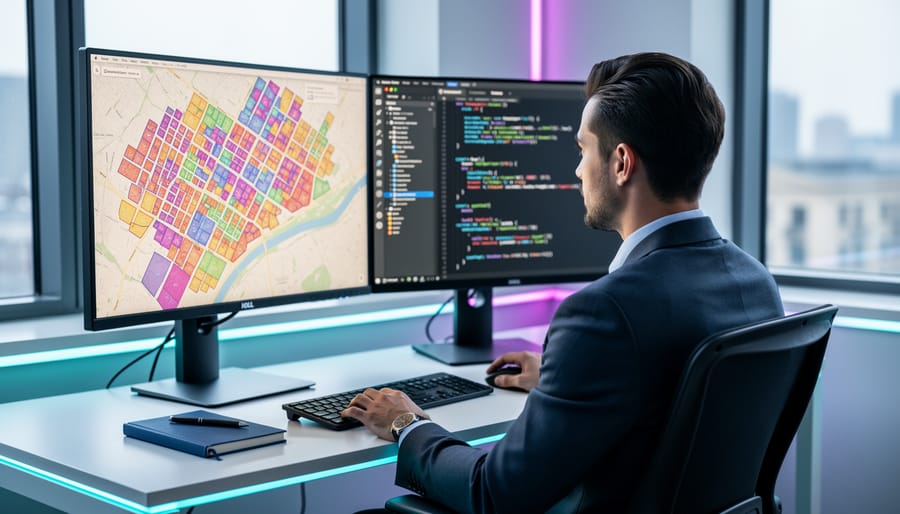 Real estate analyst at a modern desk with two monitors showing a label-free city map with colored parcel polygons and a blurred code editor, lit by soft daylight in a contemporary office.