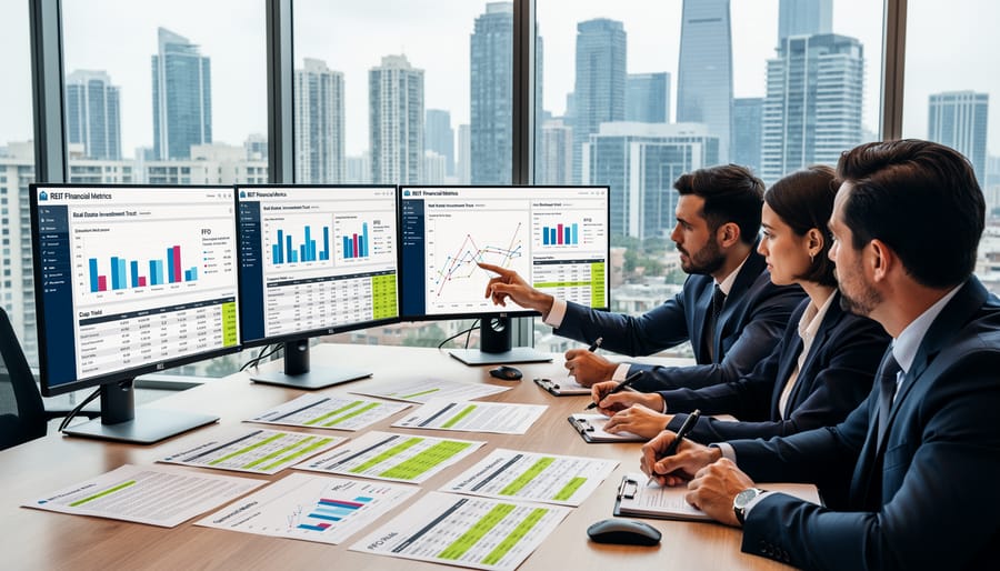 Business professional analyzing REIT financial documents and reports