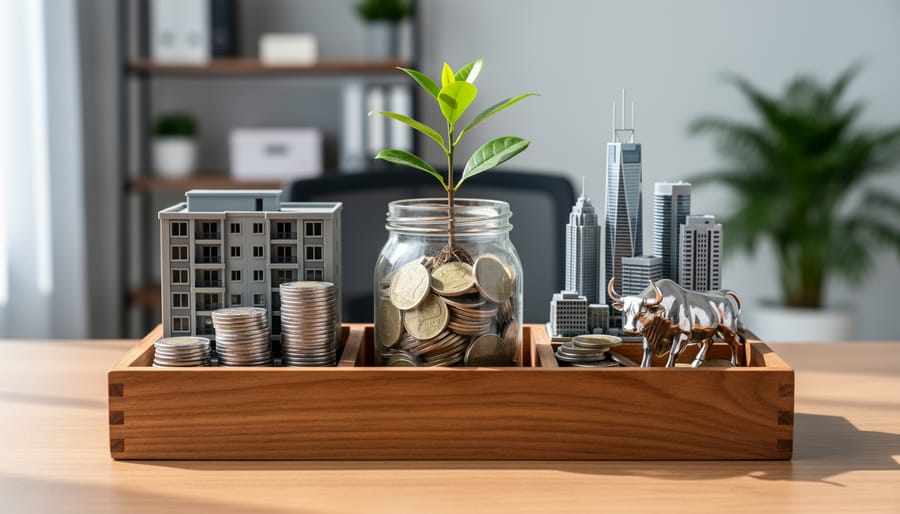 Eye-level photo of a three-compartment desk organizer: coins with a miniature apartment building, coins in a glass jar with a green sapling, and coins beside a small bull and city skyline model, with soft studio lighting and a blurred office background.