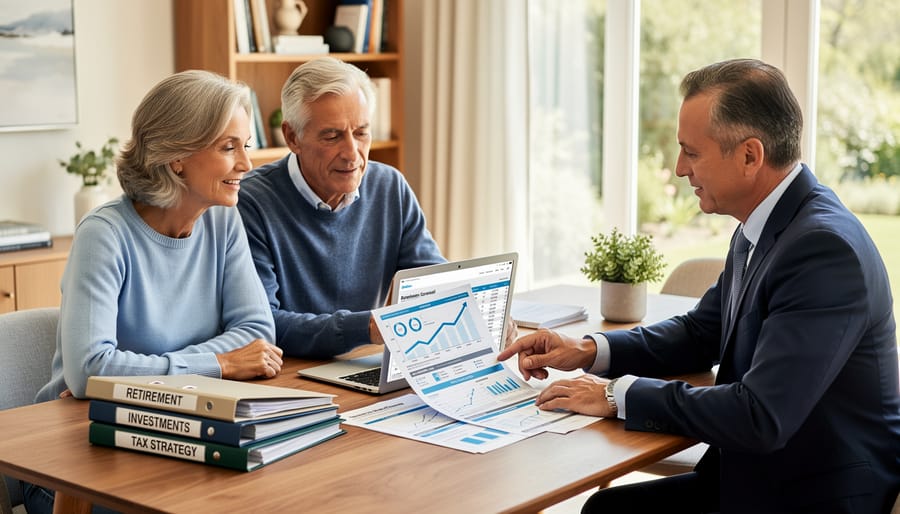 Couple reviewing retirement planning documents together at home