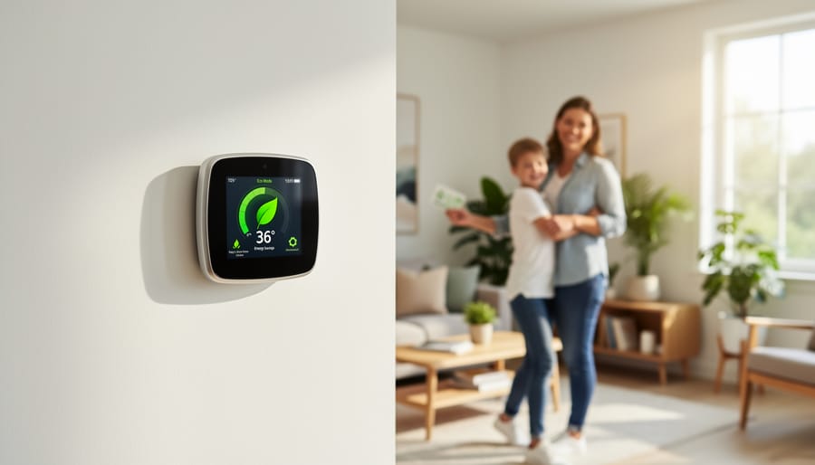 Hand adjusting smart thermostat on wall in modern home interior