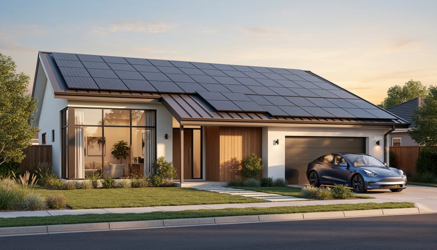 Modern suburban home with solar panels installed on roof