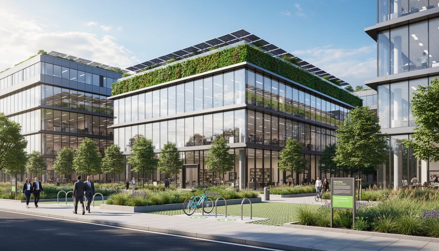 Sustainable commercial building with green terraces and glass facade against blue sky