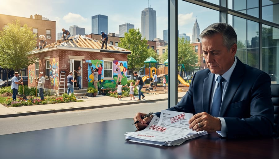 Two professionals reviewing development plans and financial documents at meeting table