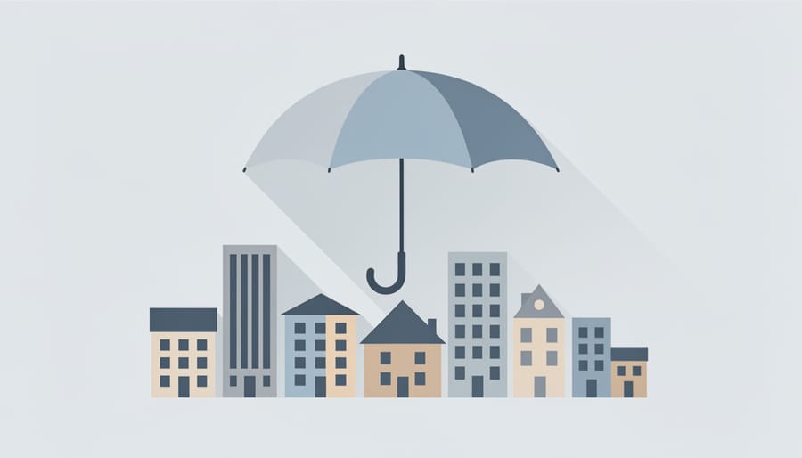 Protective umbrella covering miniature house models representing umbrella insurance coverage