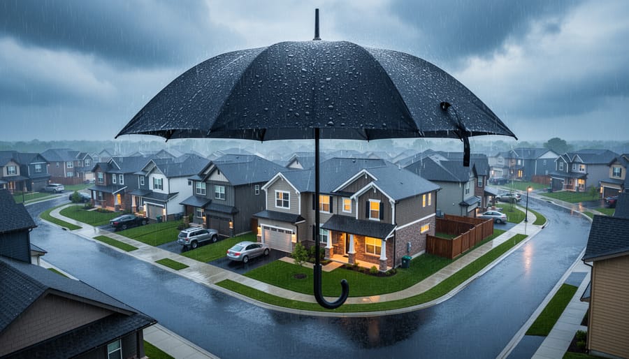 Wide elevated shot of a black umbrella covering multiple suburban houses in the rain, with storm clouds in the distance and wet rooftops glistening.
