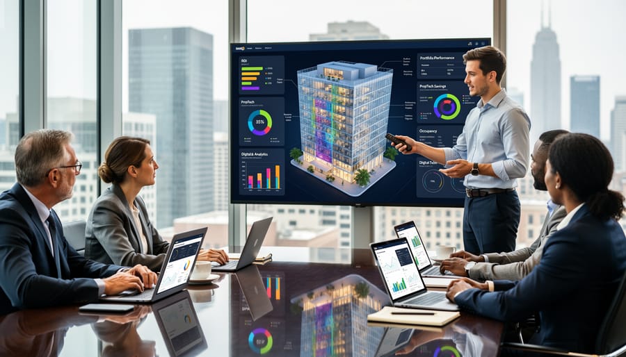 Venture capital investment team meeting in modern office with city views