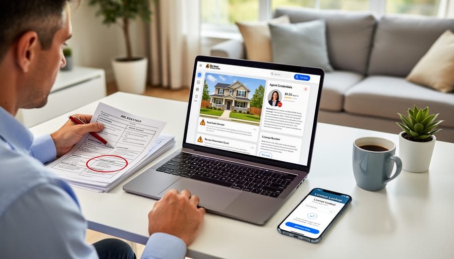 Person verifying property listing details on smartphone while viewing actual house