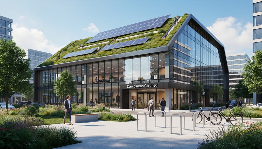 Contemporary commercial building with sustainable features including green roof and solar panels