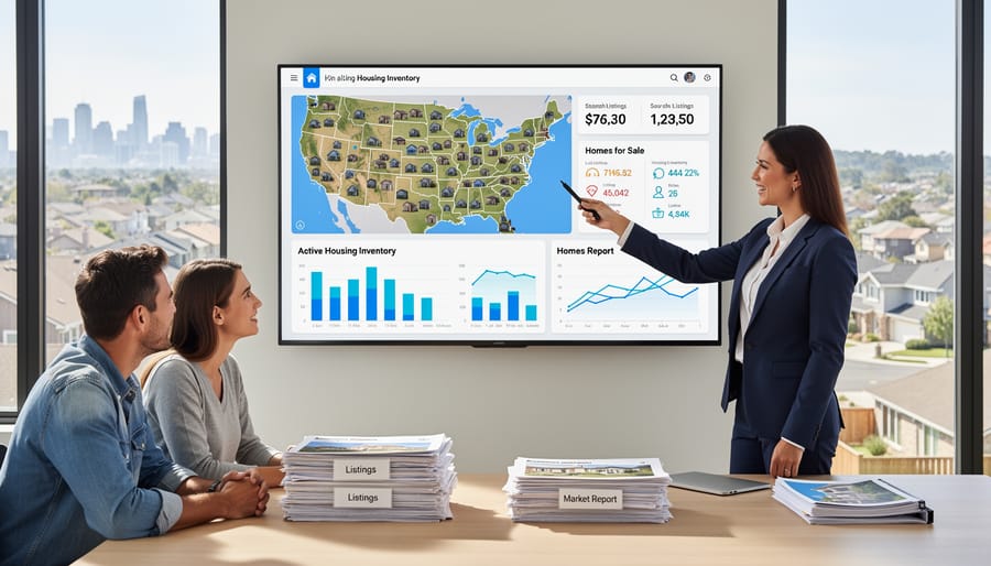 Suburban street with multiple homes displaying for sale signs