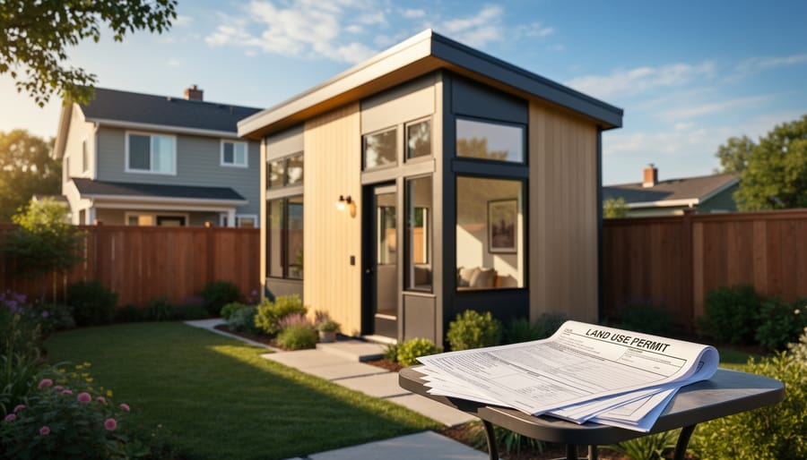 Modern accessory dwelling unit in residential backyard with main house