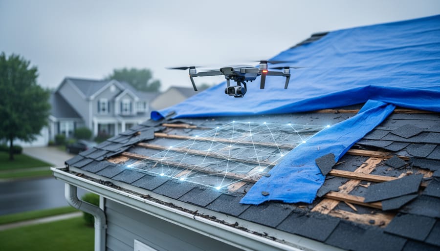 Drone inspecting a storm-damaged suburban house roof with missing shingles and a blue tarp, shown from a slightly elevated 45-degree angle, with a subtle translucent scan grid indicating AI analysis; soft overcast daylight and blurred neighborhood in the background.