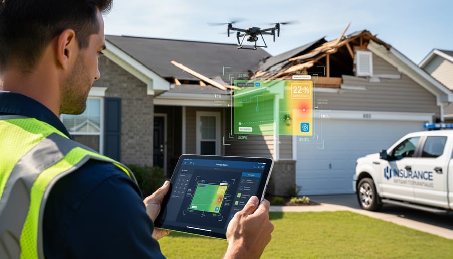 Insurance adjuster examining damaged house exterior while using digital tablet