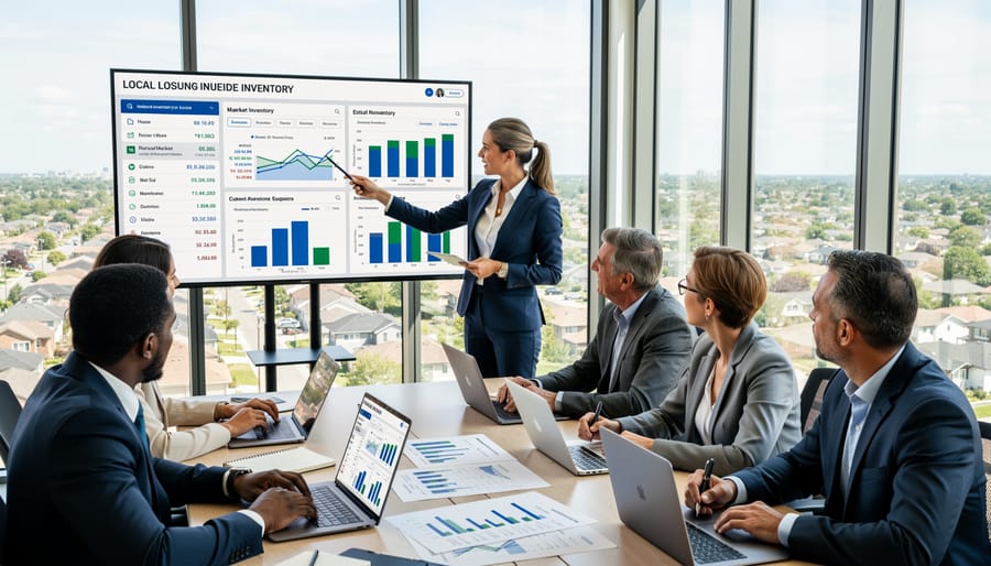 Real estate professional reviewing property inventory data on tablet with house keys and documents