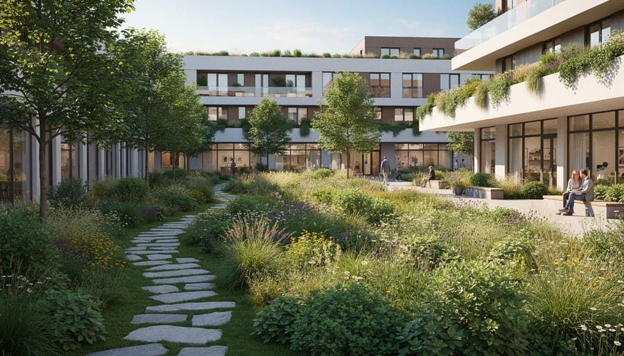 Aerial view of residential development featuring green roofs and natural habitat areas integrated into design
