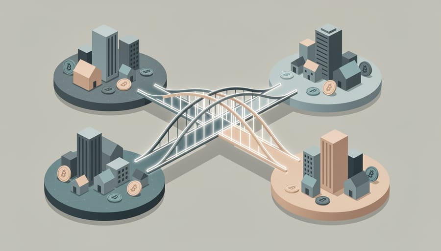 Miniature building models connected by transparent chains representing blockchain interoperability