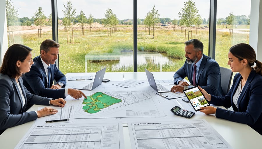 Business professionals reviewing development plans and budget documents for biodiversity planning