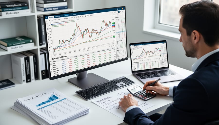 Business professional calculating financial returns with calculator and documents