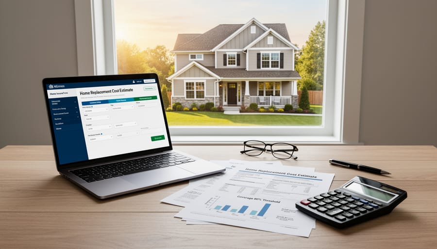 Person reviewing home insurance policy documents while calculating replacement costs on laptop