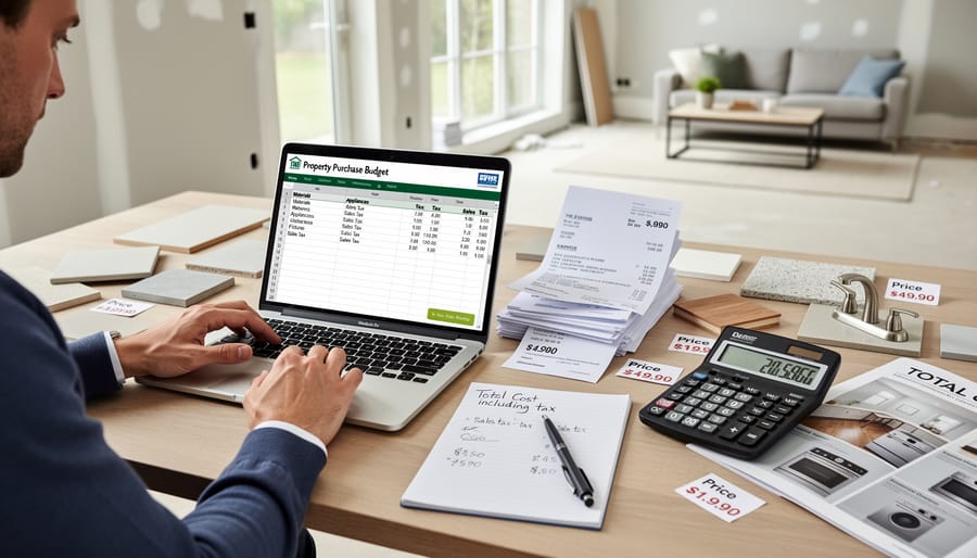 Calculator and receipts for home improvement purchases on desk with house keys