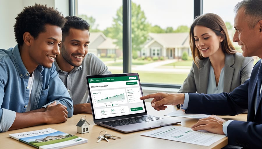 Homebuyers meeting with real estate agent at kitchen table reviewing loan documents