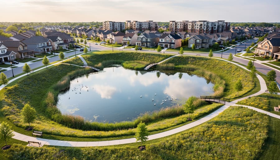 Aerial view of residential stormwater retention basin with surrounding homes