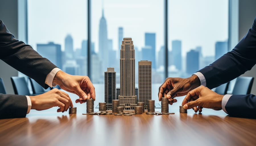 Multiple diverse hands place small stacks of coins around miniature office buildings on a boardroom table, with soft daylight and a blurred city skyline visible through glass walls.