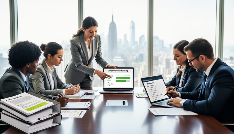 Business professional working on laptop with financial documents and smartphone on desk