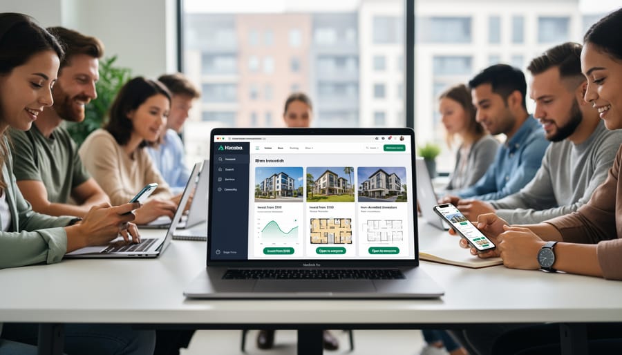 Professional reviewing real estate crowdfunding platforms on laptop and mobile device