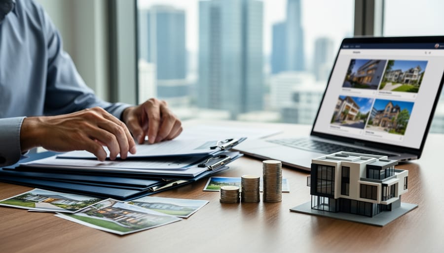 Investor’s hands reviewing real estate deal folders with coin stacks, a small building model, and a laptop showing property photos on a wooden desk, city skyline softly blurred in the background.