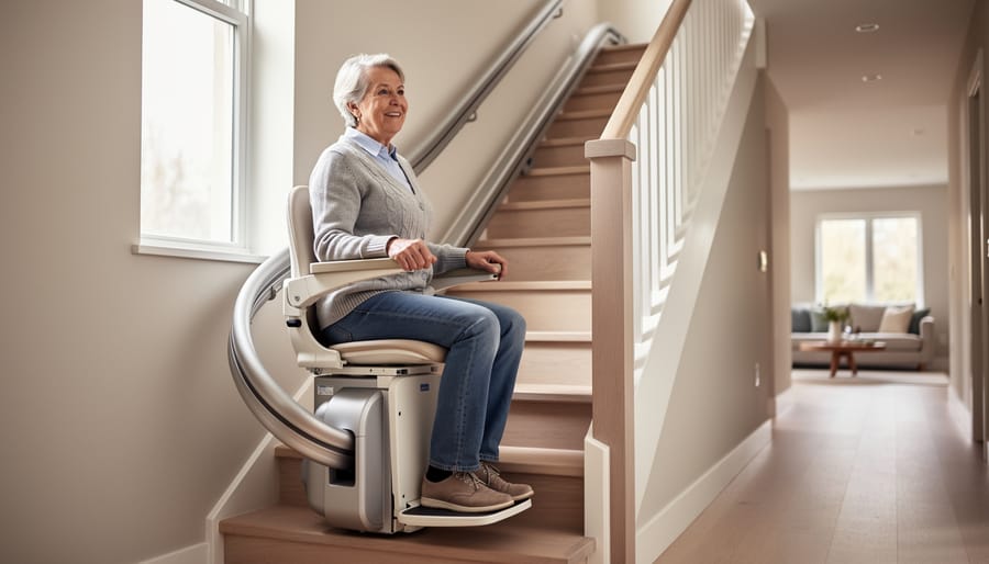 Older adult seated on a modern curved stairlift with padded seat and armrests on a light-wood staircase in a bright home, softly lit by natural daylight, with a blurred hallway and living room in the background.