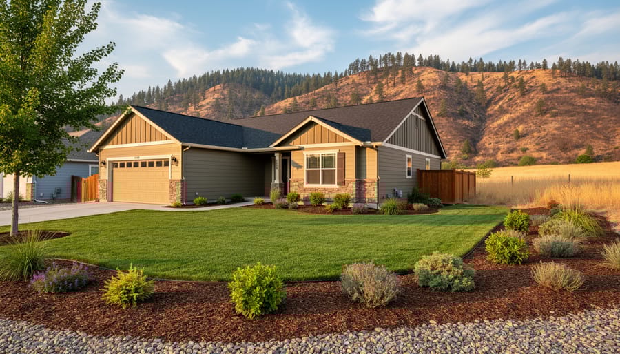 Suburban home with cleared defensible space showing fire-resistant landscaping and maintained vegetation zones