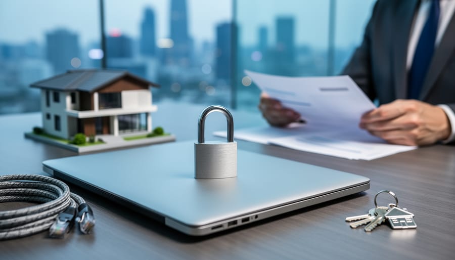 Steel padlock on a closed laptop next to a network cable and house keys on a conference table, with a small house model and broker’s hands blurred in the background, representing cybersecurity insurance for digital escrow in real estate.
