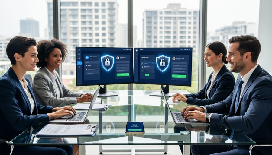 Real estate professional using multi-factor authentication and security protocols during digital transaction