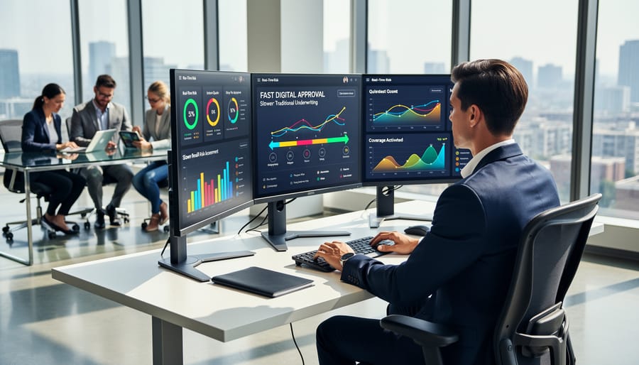 Insurance professional reviewing digital policy documents on tablet in modern office