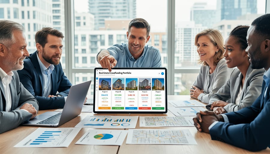 Hands arranging miniature house models representing diversified real estate investment portfolio