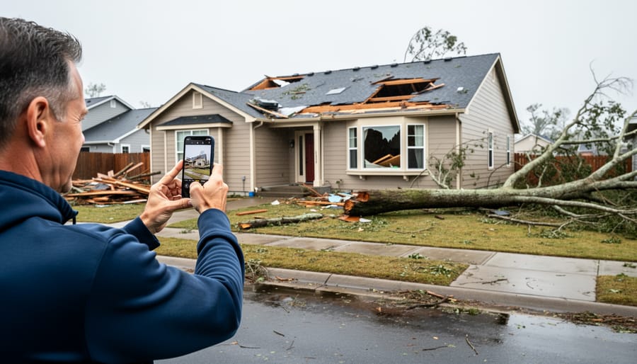 Homeowner documenting storm damage to roof and exterior with smartphone camera