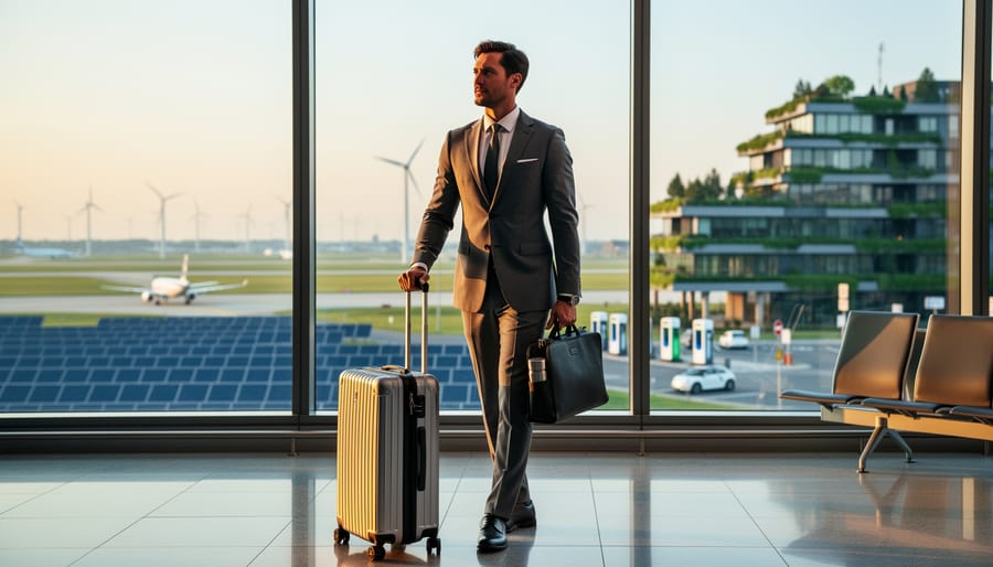 Business traveler in a suit with carry-on and laptop bag beside a reusable bottle at airport windows, with solar panels, EV charging bays, wind turbines, and a city skyline with green roofs visible outside in warm golden light.