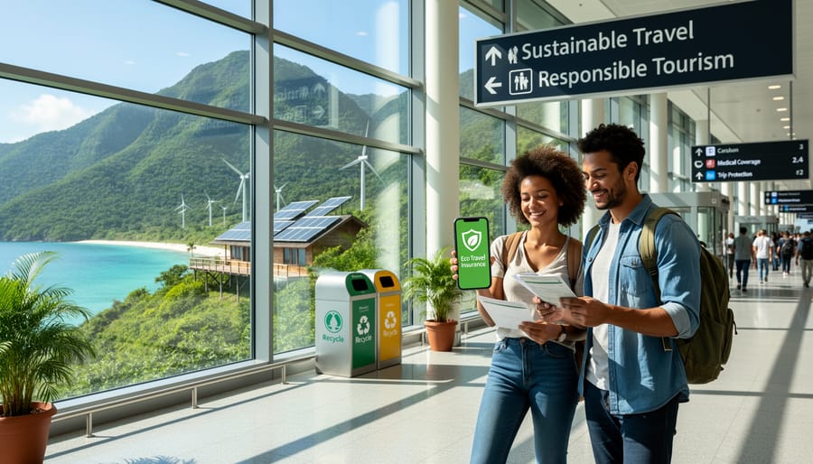 Traveler with eco-friendly gear standing in front of sustainable resort building