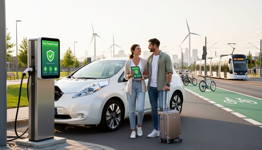 Business professional in electric rental car reviewing travel insurance documents on tablet