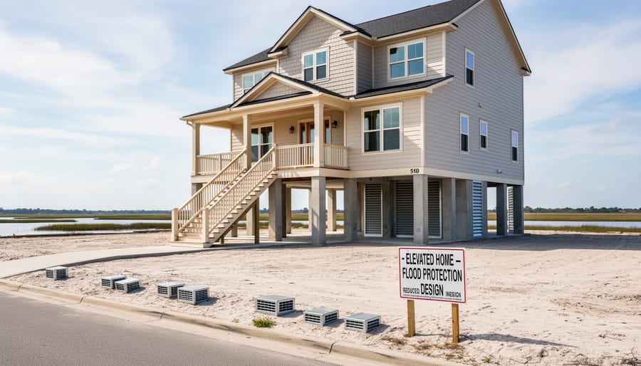 Modern elevated house with flood protection features and raised foundation