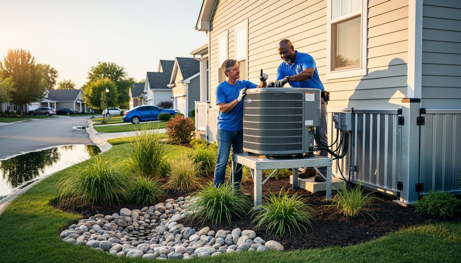 Homeowner and contractor install an elevated HVAC platform next to a house with flood barrier panels and a rain garden, with shallow street flooding and neighboring homes in the background at golden hour.