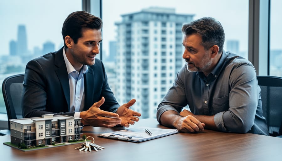 Insurance advisor and property owner reviewing documents next to a small apartment building model and keys, with a multifamily apartment building visible through a window in the background