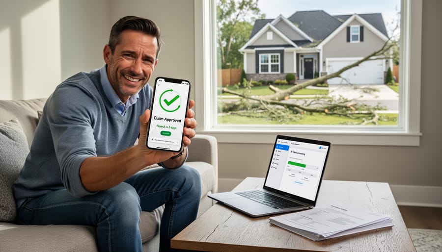 Happy homeowners reviewing approved insurance claim documents at kitchen table