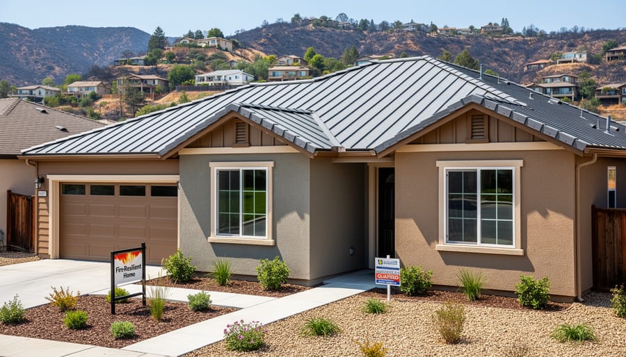 Modern home with fire-resistant construction features including metal roof and cement fiber siding