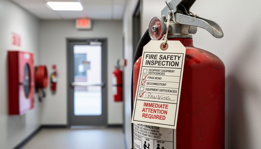 Red fire safety inspection tag attached to sprinkler system valve in commercial building