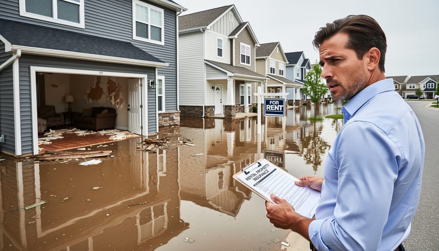 Interior of flooded rental property showing water damage on floors and furnishings