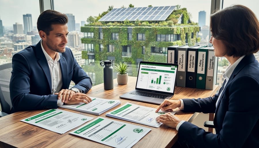 Insurance documents and green home certification papers on desk