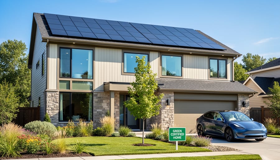 Modern eco-friendly home with solar panels and energy-efficient features